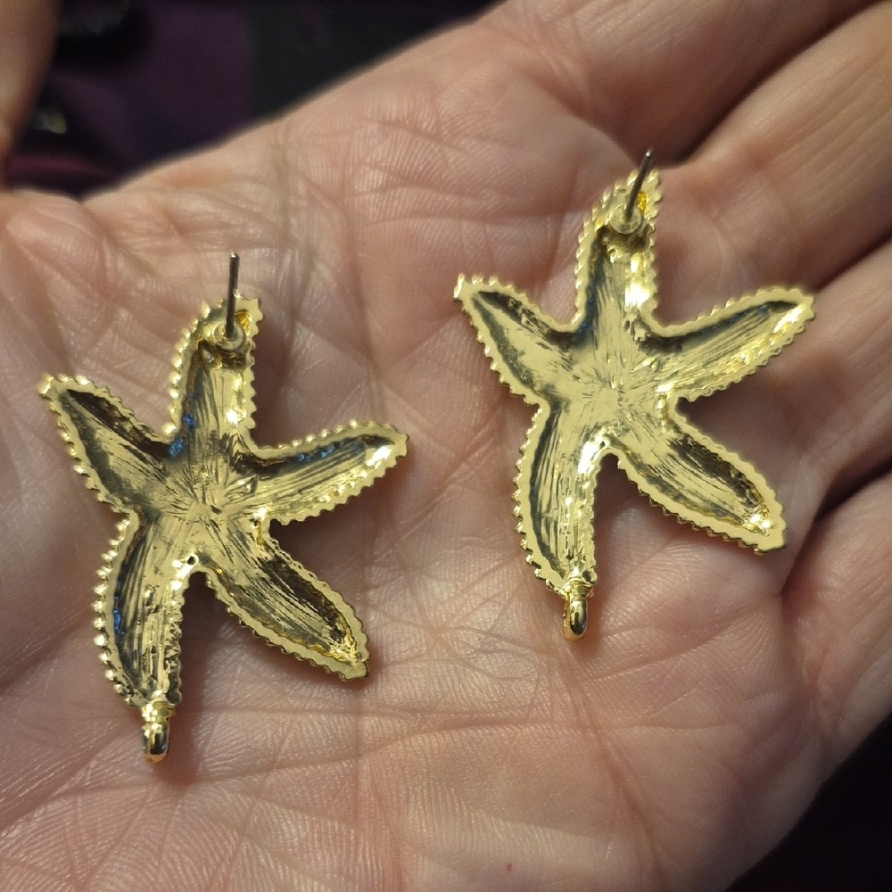 Vintage Art Deco Gold With Blue Crystal Rhinestone Starfish Earrings - Picture 5 of 7